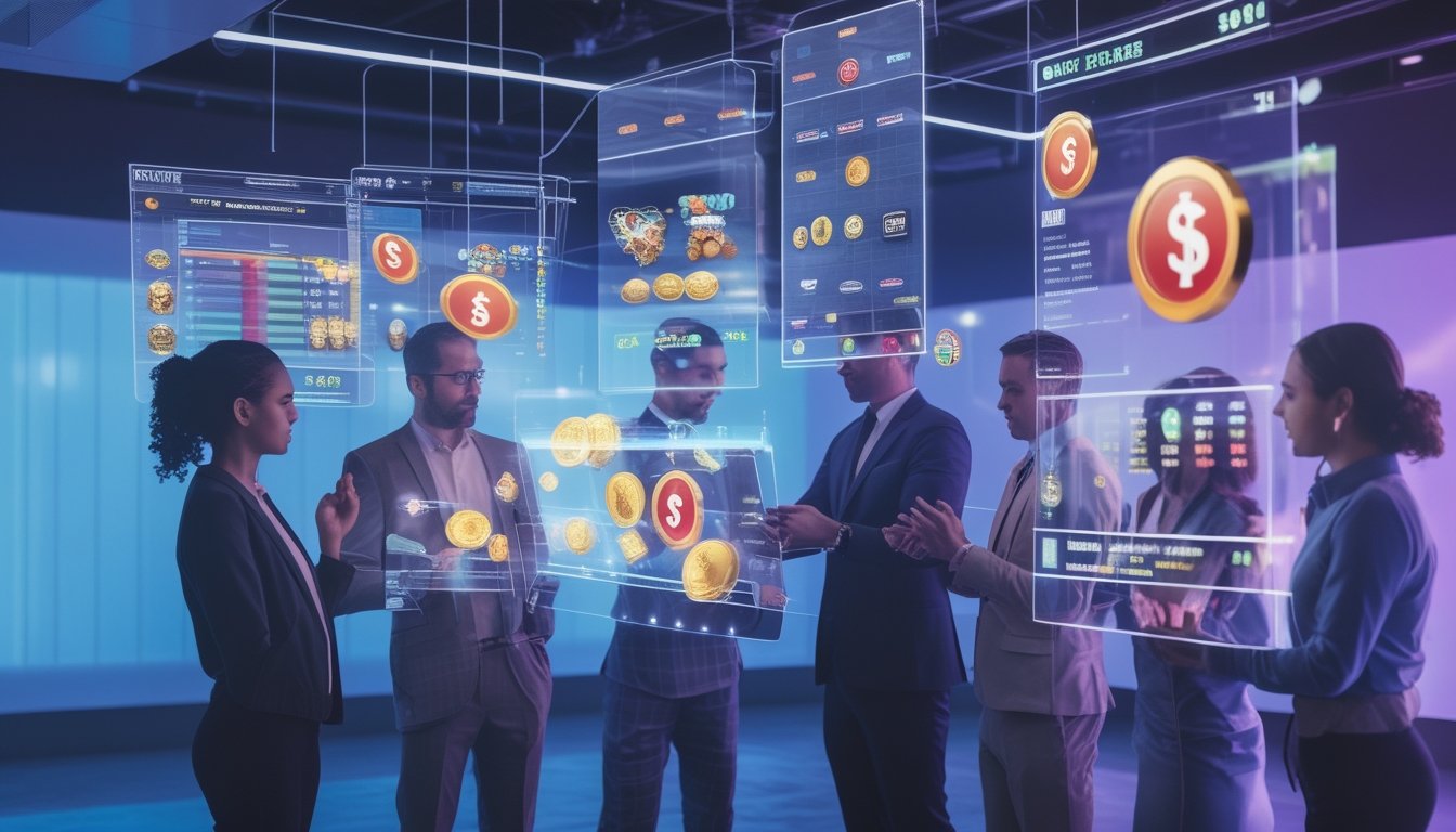Beberapa profesional sedang menganalisis data dan fitur dari berbagai situs slot online dengan tampilan layar digital futuristik di ruang kantor modern.