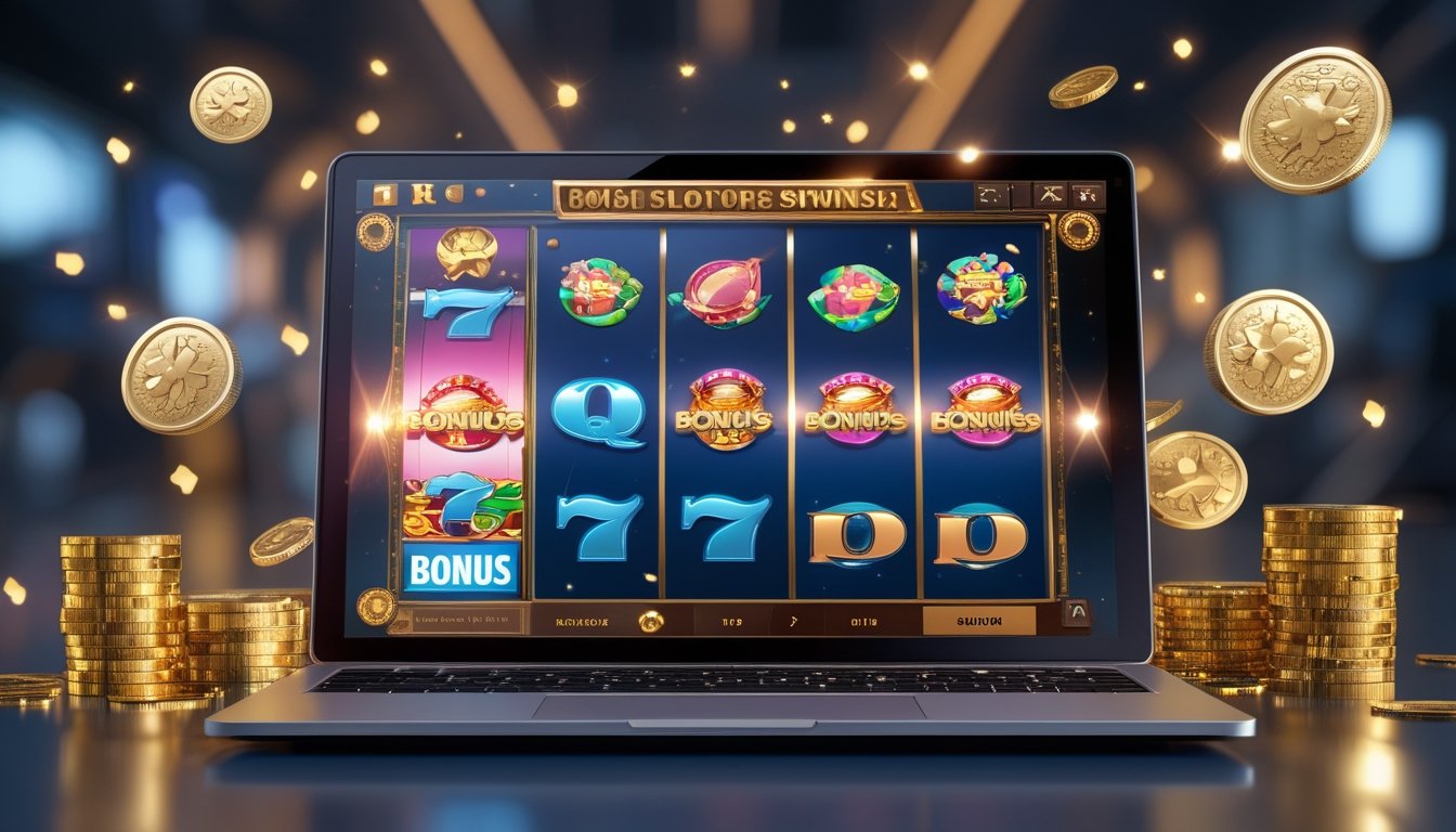 Seorang pengguna sedang melihat layar komputer yang menampilkan permainan slot online dengan ikon bonus dan koin emas di sekitarnya.