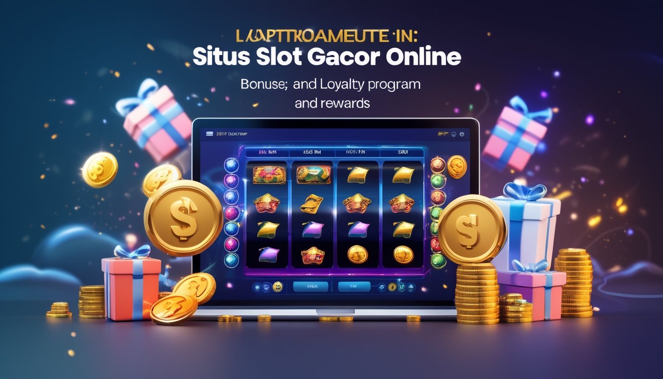 Layar perangkat menampilkan permainan slot online dengan simbol warna-warni dan ikon jackpot, dikelilingi oleh koin emas dan hadiah.