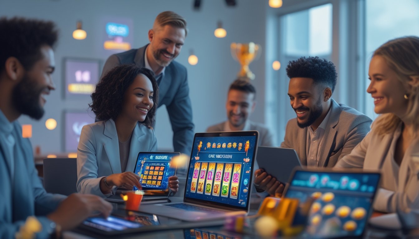 Sekelompok orang menggunakan perangkat digital untuk bermain permainan slot online dengan suasana yang cerah dan menyenangkan.