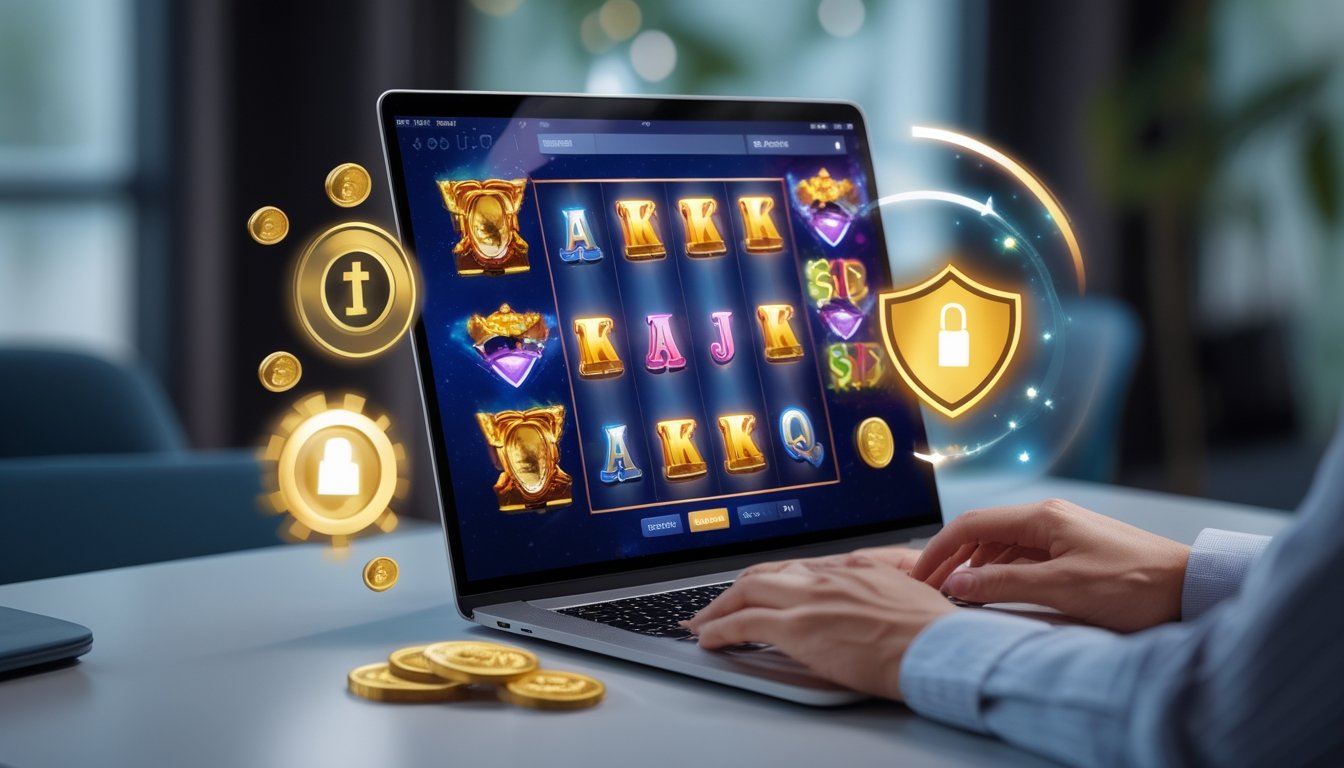 Seseorang menggunakan laptop yang menampilkan permainan slot online dengan ikon keamanan dan simbol bonus besar di sekitar perangkat.