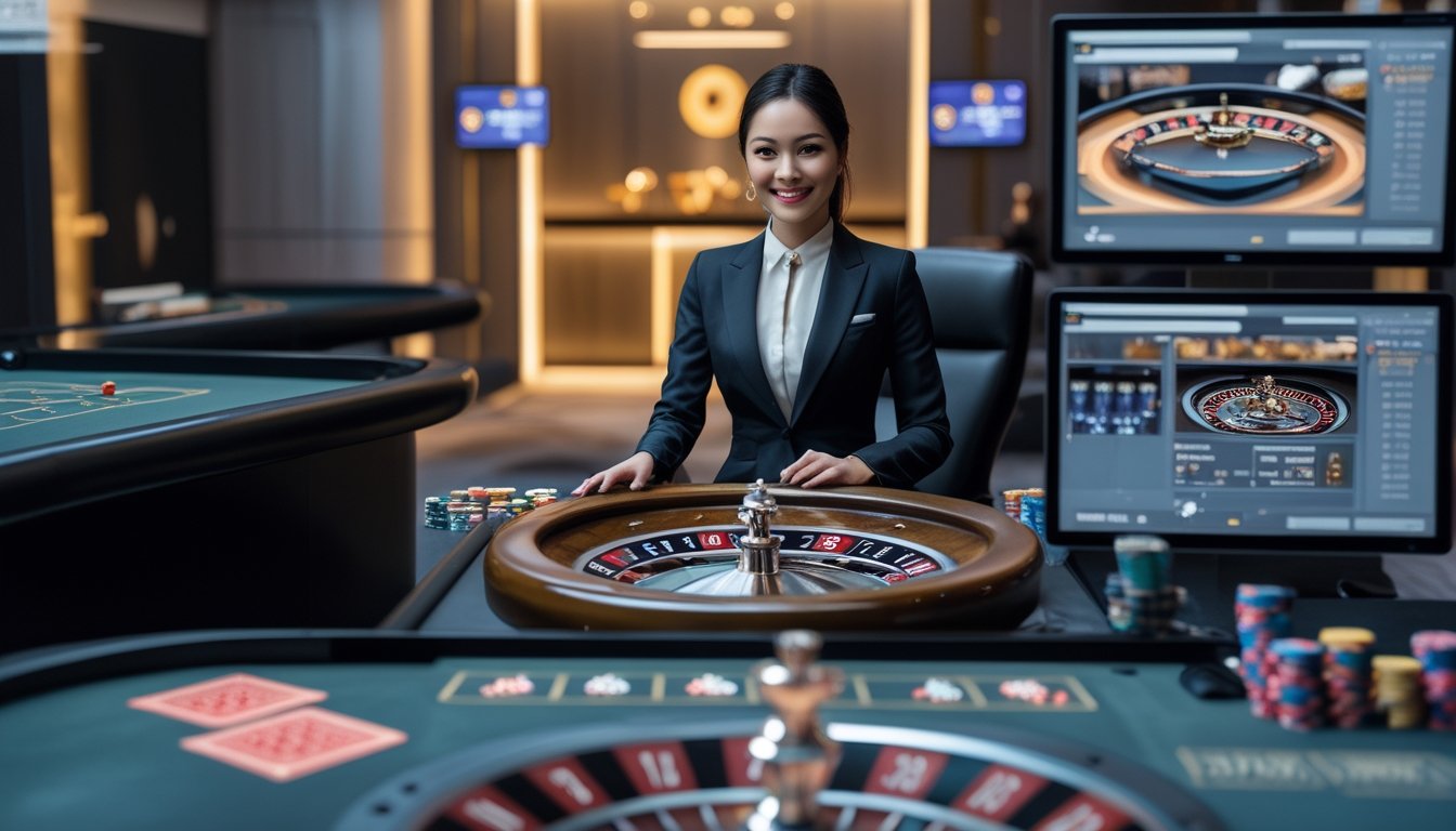 Seorang dealer wanita duduk di belakang roda roulette dengan tampilan studio kasino modern dan layar digital yang menampilkan permainan roulette online.