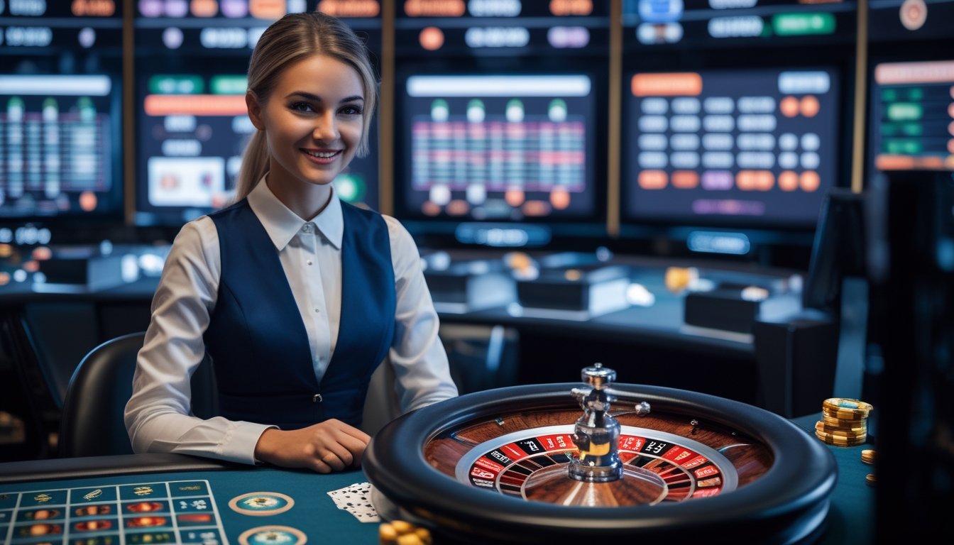 Seorang dealer wanita duduk di meja roulette dengan roda roulette berputar dan layar komputer menampilkan permainan kasino online.