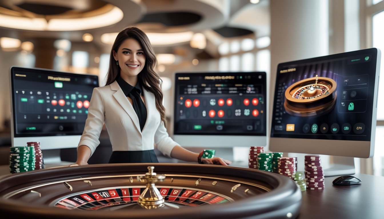 Seorang dealer wanita di meja roulette dengan layar komputer menampilkan permainan roulette langsung dalam suasana kasino yang aman dan profesional.