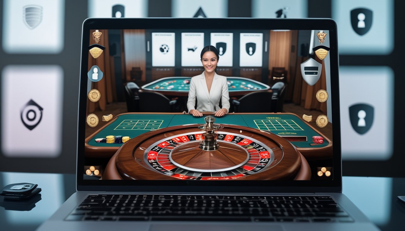 Seorang dealer roulette langsung sedang bekerja di depan komputer dengan roda roulette dan meja taruhan terlihat, di latar belakang terdapat simbol keamanan digital.