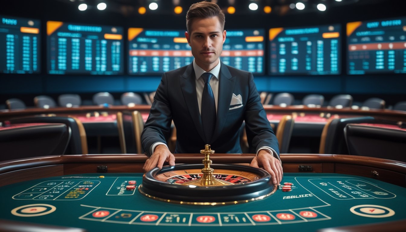 Seorang dealer roulette online profesional sedang mengelola meja roulette langsung dengan roda roulette yang berputar dan layar digital di latar belakang.