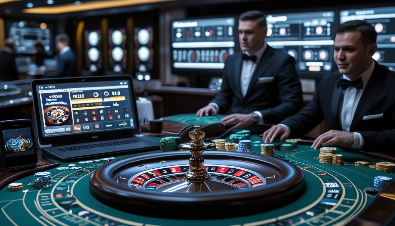 Seorang dealer profesional sedang memutar roda roulette di meja permainan dengan beberapa pemain yang menggunakan perangkat digital untuk bermain secara online.
