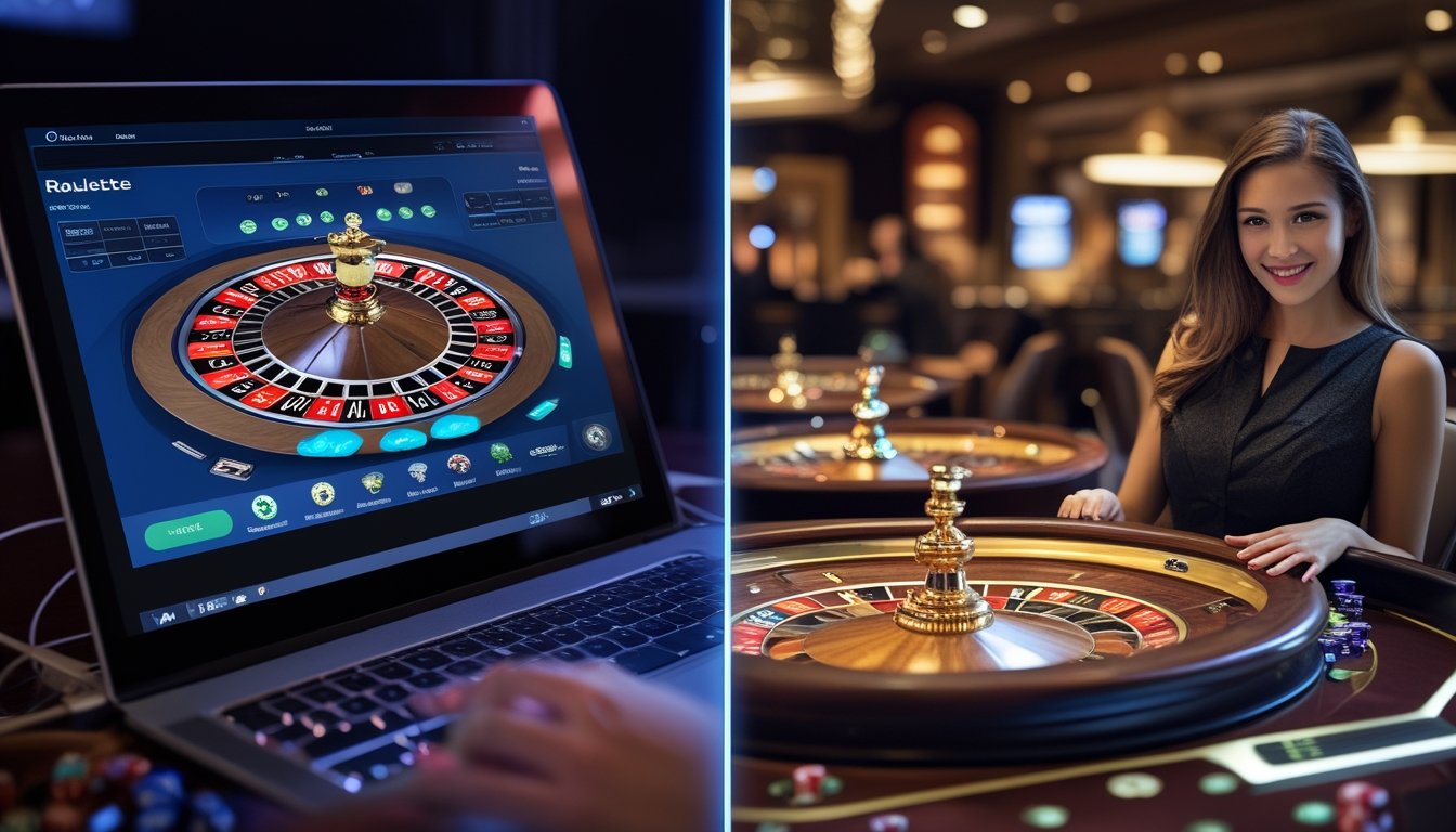 Perbandingan dua jenis permainan roulette: satu dengan tampilan roulette online di layar komputer dan satu lagi dengan dealer langsung memutar roda roulette di kasino.