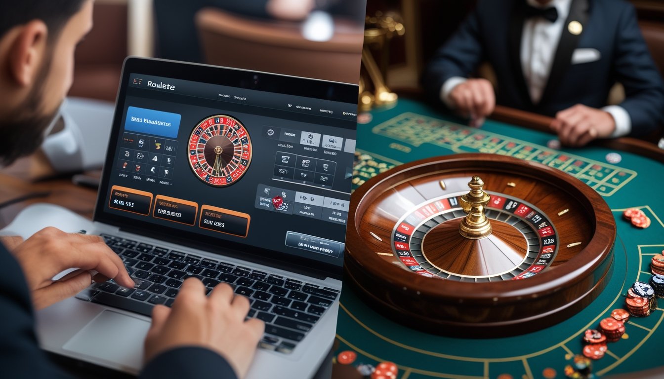Seseorang bermain roulette online di laptop di sebelah kiri dan dealer kasino nyata memutar roda roulette di meja di sebelah kanan.