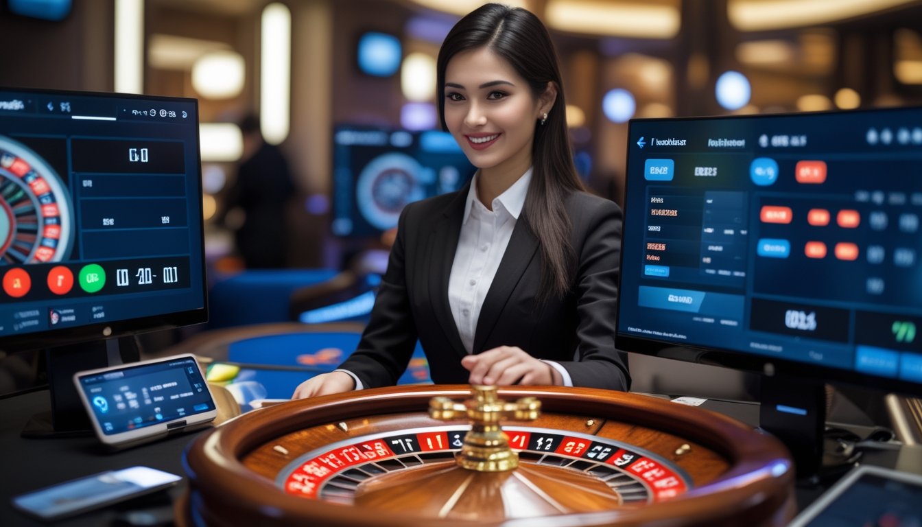 Seorang dealer wanita sedang mengelola permainan roulette online secara langsung dengan roda roulette yang berputar dan layar taruhan real-time.
