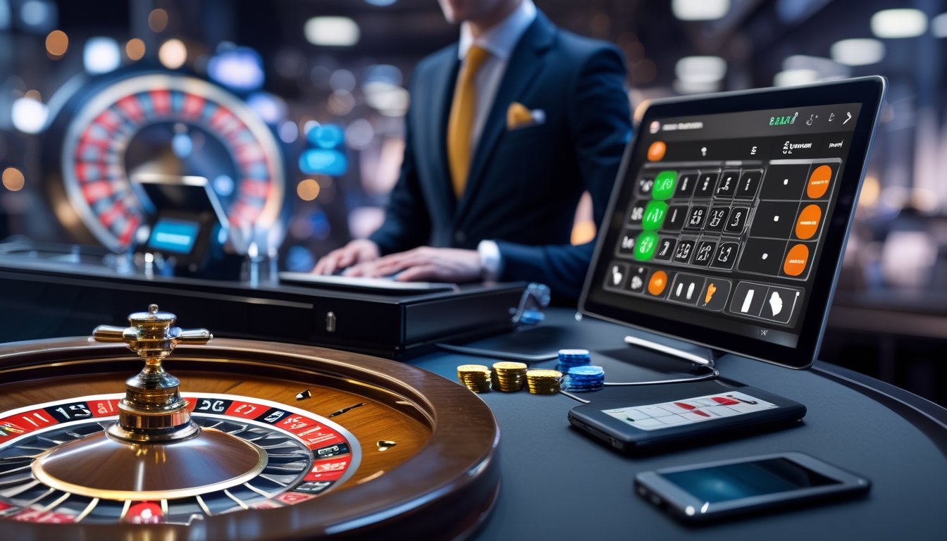 Seorang dealer profesional sedang menjalankan permainan roulette online secara langsung dengan peralatan digital dan elemen pengelolaan modal di meja.