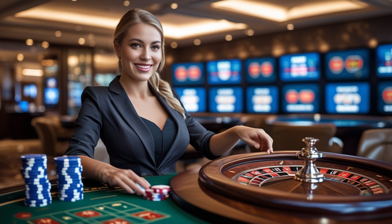 Seorang dealer wanita yang rapi sedang memutar roda roulette di meja kasino dengan tumpukan chip di sekitarnya.