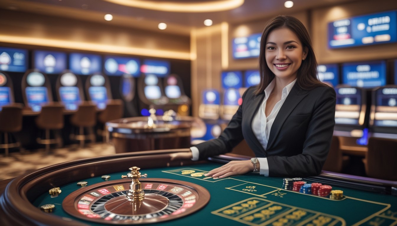 Seorang dealer wanita profesional berdiri di belakang meja roulette dengan roda roulette yang sedang berputar di studio kasino modern.