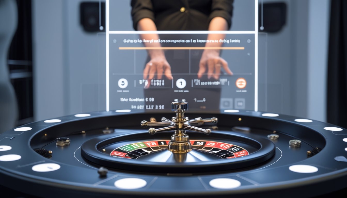 Seorang dealer profesional sedang mengelola meja roulette langsung dalam studio yang terang dengan tampilan meja roulette dan chip taruhan.