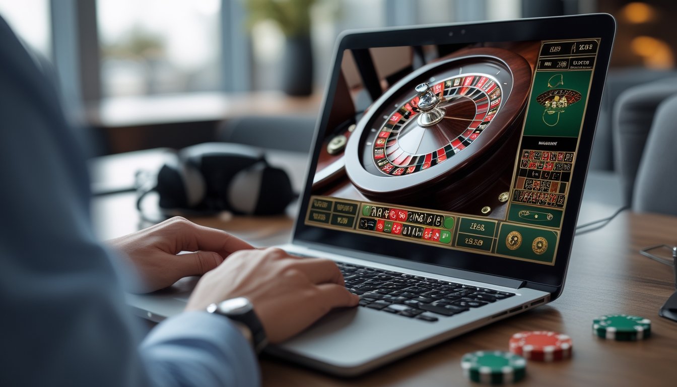 Seseorang menggunakan komputer dengan permainan roulette dealer langsung terlihat di layar.