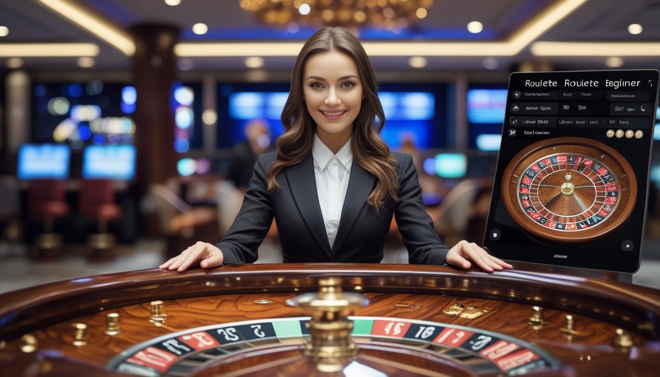 Seorang dealer wanita berdiri di belakang meja roulette dengan roda roulette dan chip taruhan yang terlihat jelas di sebuah kasino modern.