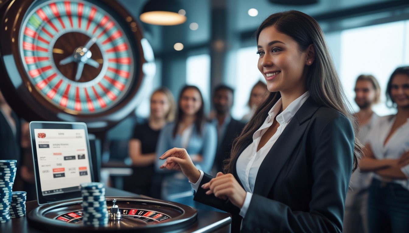 Seorang dealer wanita tersenyum di depan roda roulette yang sedang berputar, dengan pemain yang memperhatikan melalui layar komputer dalam suasana kasino online.