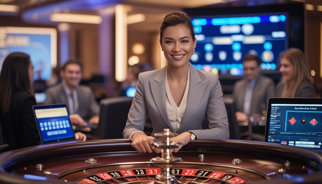 Seorang dealer roulette langsung yang ramah di meja roulette dengan pemain yang bermain melalui laptop dan ponsel di latar belakang studio kasino modern.