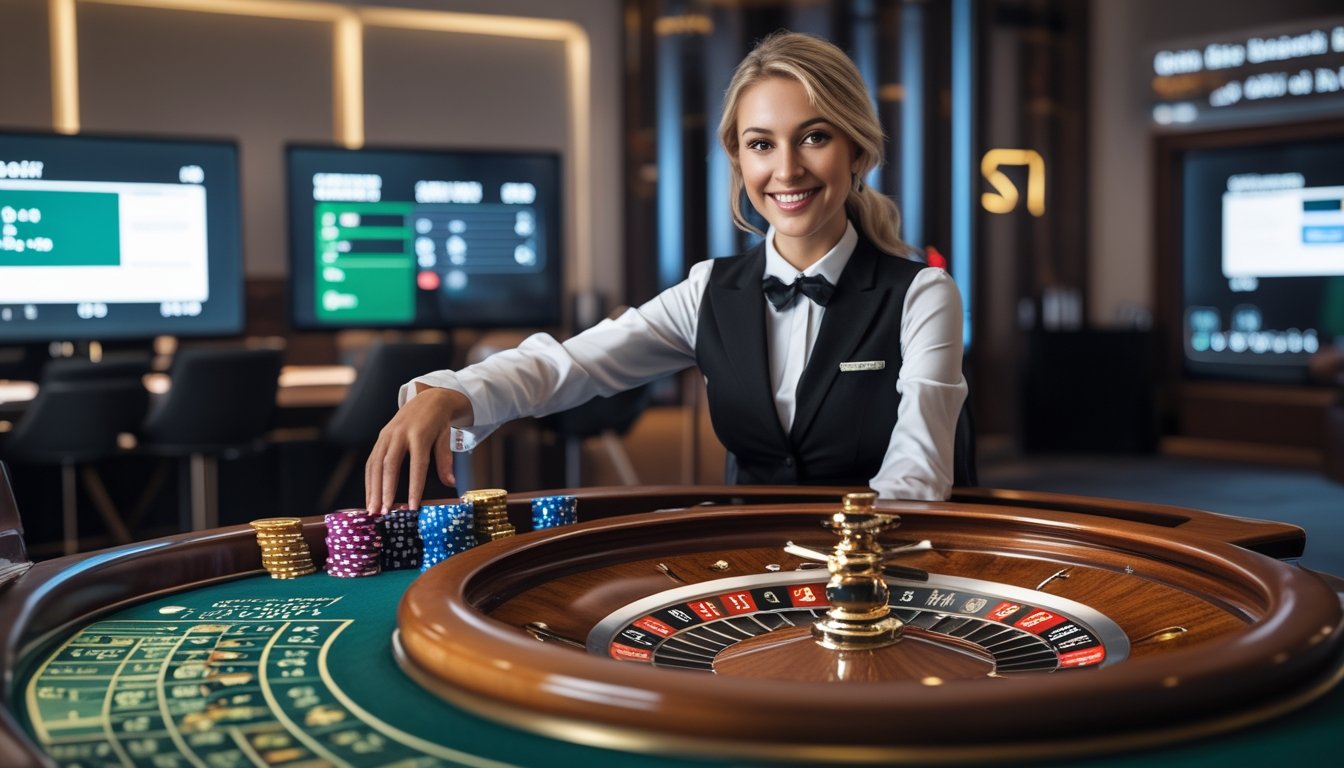 Seorang dealer langsung yang ramah sedang mengoperasikan meja roulette dalam studio kasino modern dengan pencahayaan hangat dan layar digital di latar belakang.