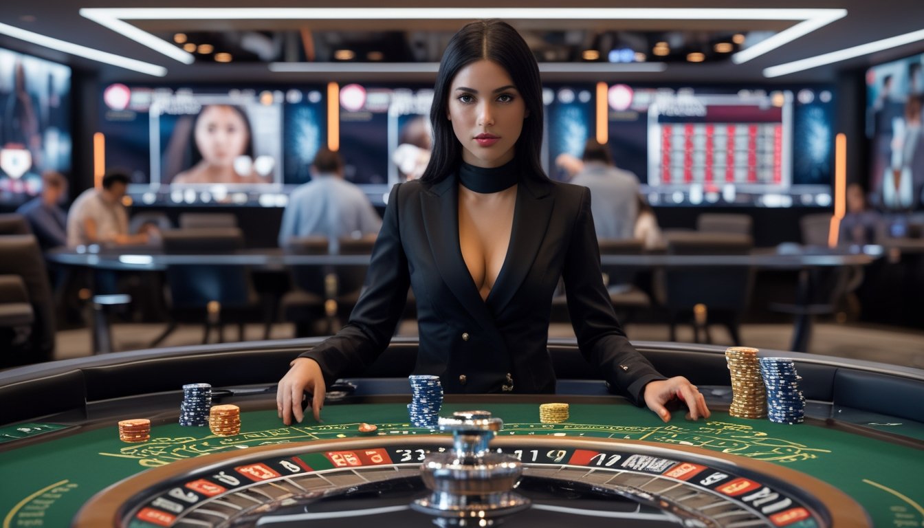 Seorang dealer wanita sedang memimpin permainan roulette langsung dengan pemain yang terlihat di layar di latar belakang.