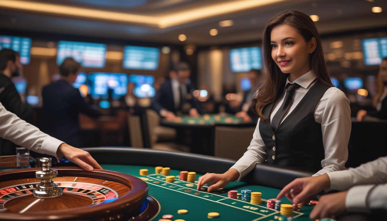 Seorang dealer wanita di meja roulette dengan roda berputar dan chip taruhan, dikelilingi oleh tangan pemain yang sedang memasang taruhan di kasino modern.