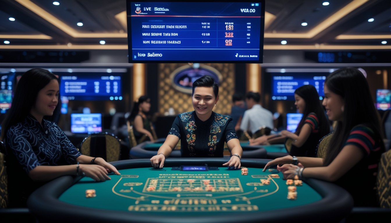 Suasana kasino langsung dengan dealer dan pemain yang sedang bermain di meja kasino yang modern dan terang.
