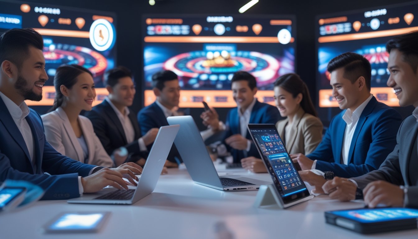 Orang-orang menggunakan perangkat digital di lingkungan kasino online dengan layar menampilkan permainan kasino langsung dan ikon transaksi cepat.