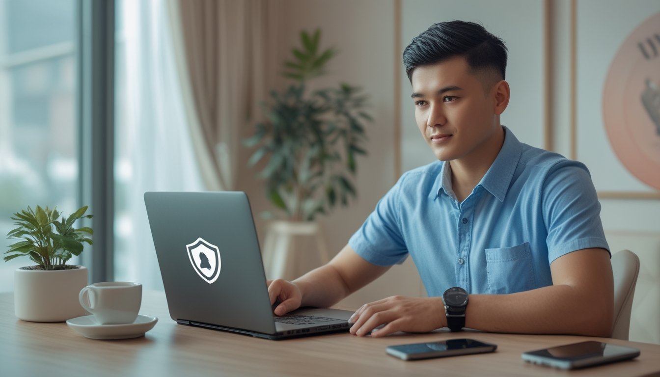 Seorang pria muda Indonesia duduk di meja dengan laptop, fokus menjelajahi situs live casino online terpercaya.