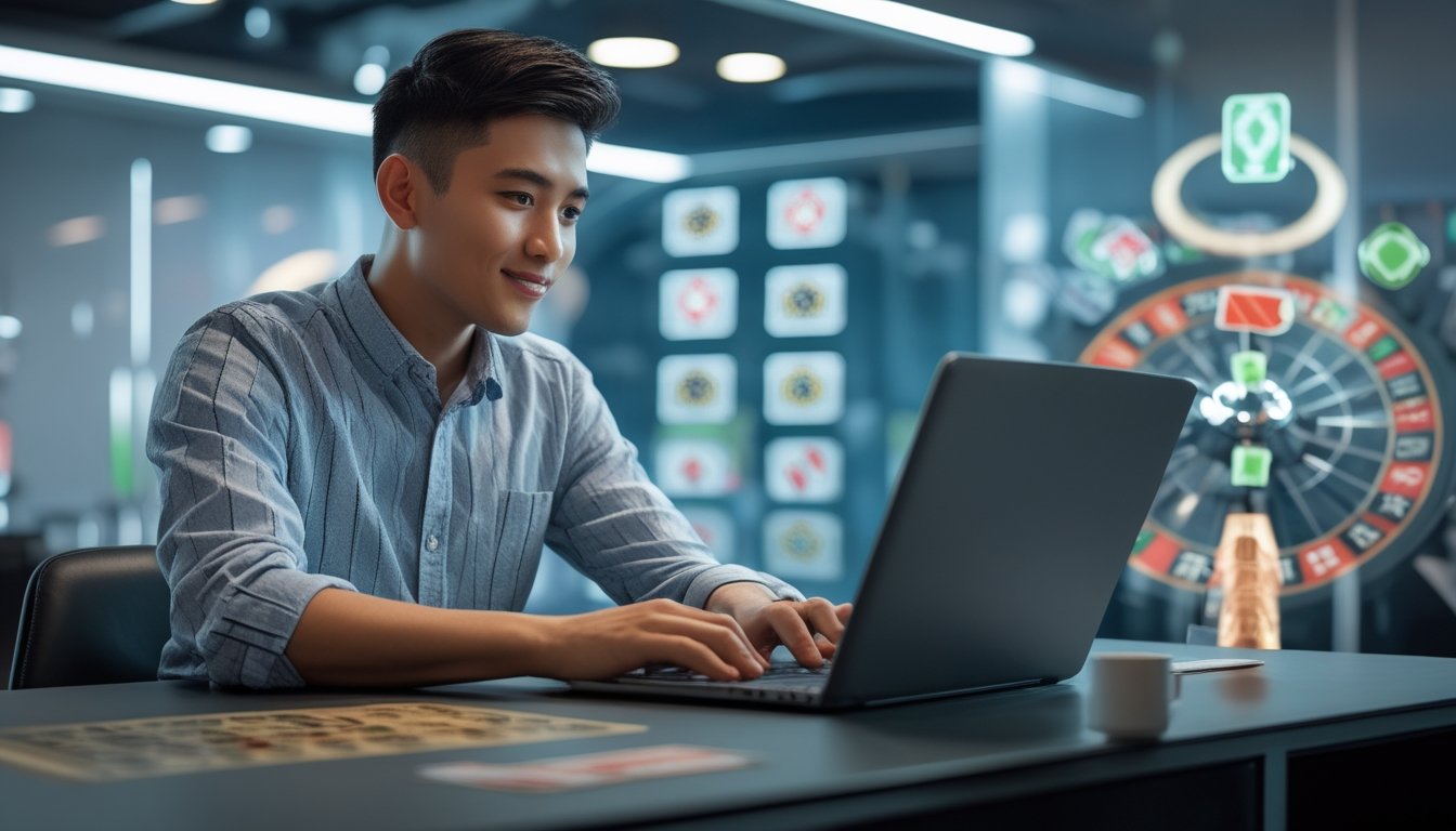 Seorang pria muda Indonesia duduk di meja dengan laptop, fokus menggunakan situs live casino online terpercaya, di ruangan modern dengan elemen kasino digital di latar belakang.