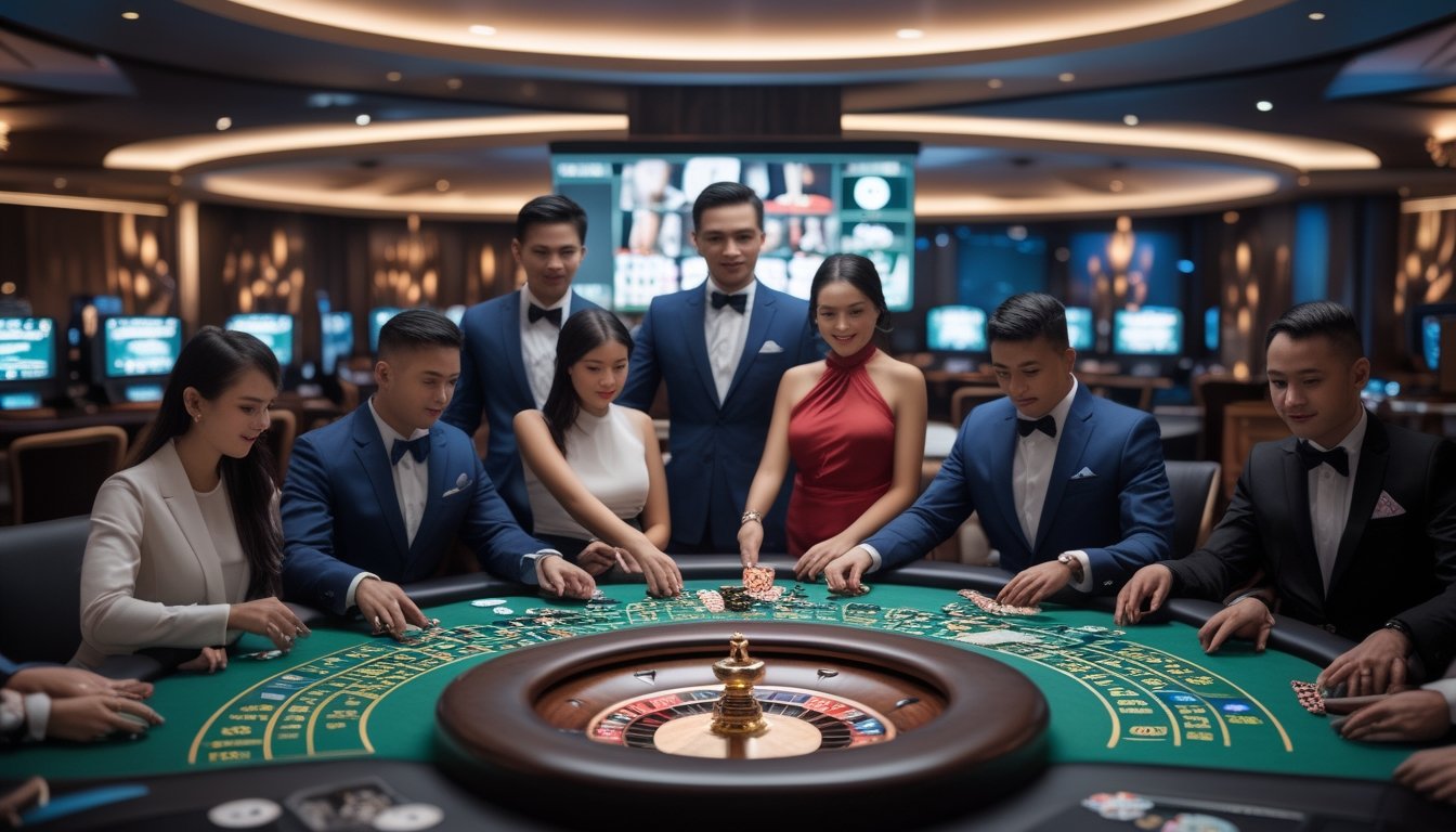 Suasana kasino langsung yang sibuk dengan dealer dan pemain yang sedang bermain permainan kasino di meja yang elegan.