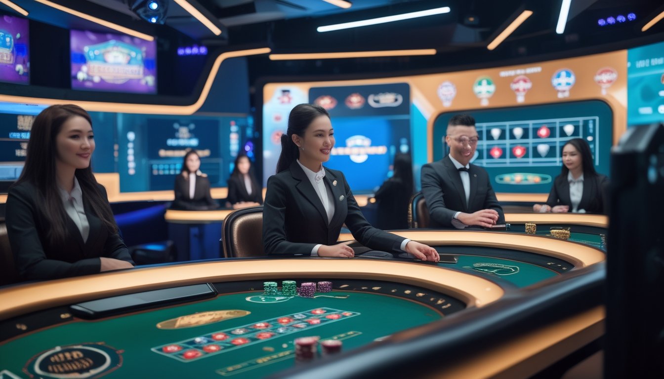 Studio kasino langsung dengan dealer profesional dan layar digital menampilkan berbagai permainan kasino.
