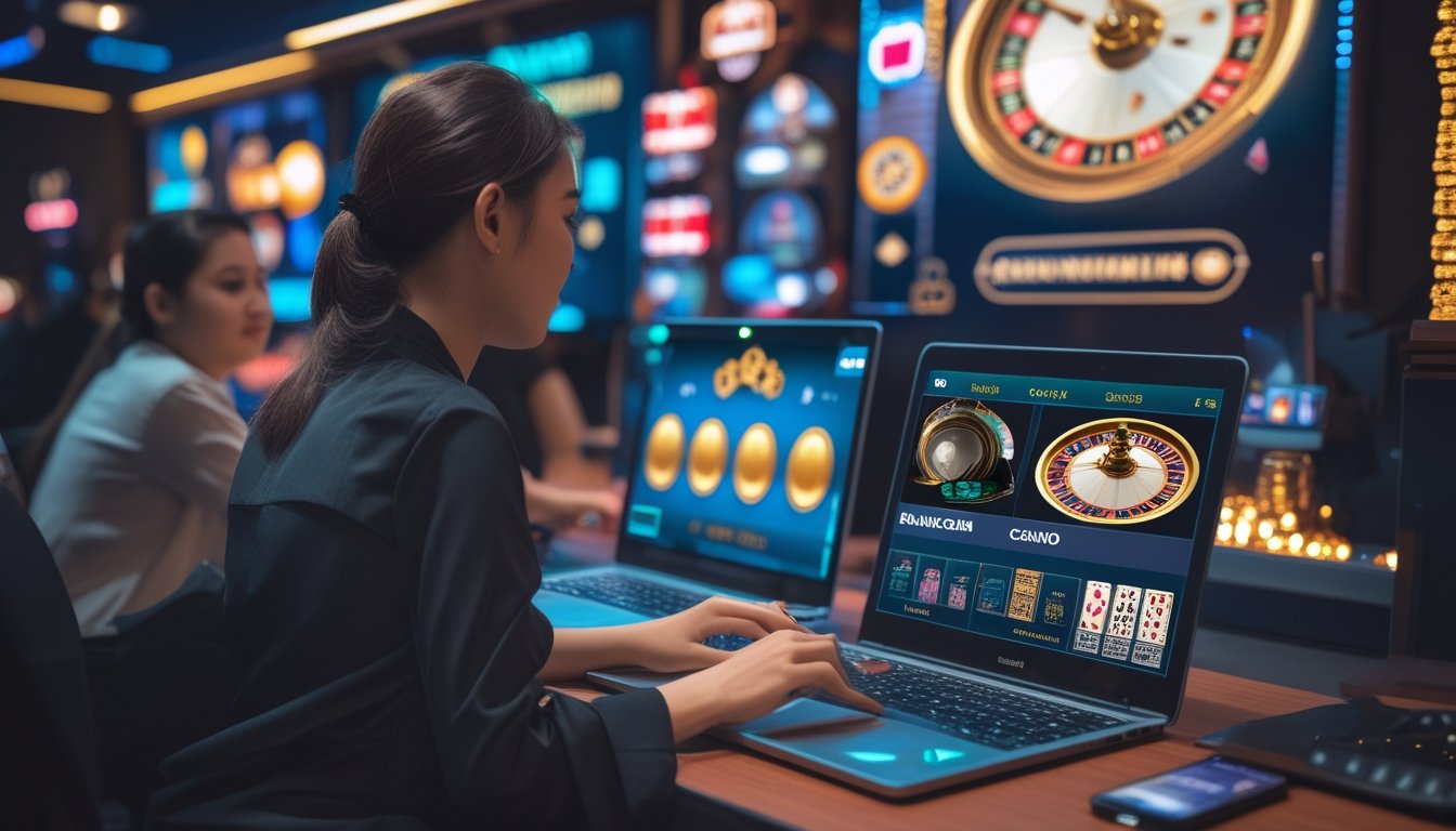 Orang-orang menggunakan perangkat digital untuk bermain permainan kasino langsung dengan elemen kasino dan simbol perbankan lokal di latar belakang.