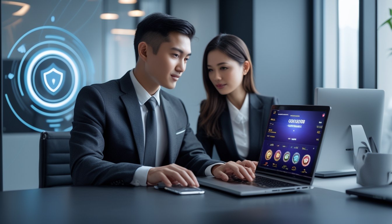 Seorang pria dan wanita Asia Tenggara duduk di depan laptop di kantor modern, terlihat fokus dan percaya diri saat menggunakan situs kasino online yang aman.