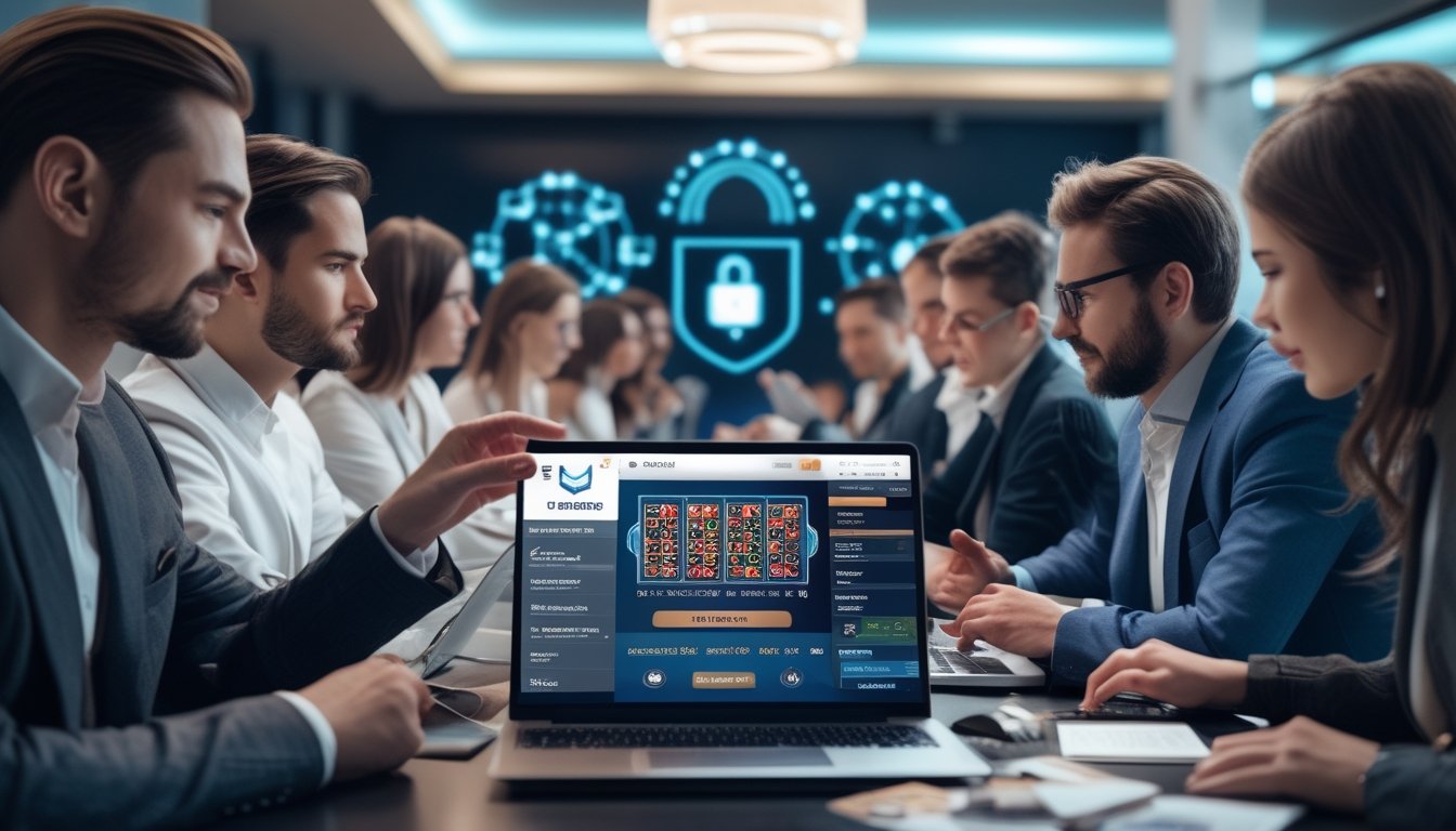 Orang-orang menggunakan perangkat digital untuk bermain live casino online dengan latar belakang simbol keamanan digital.