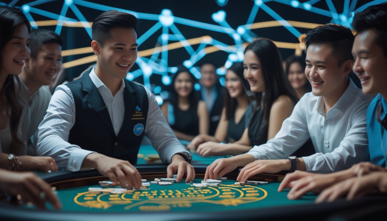 Seorang dealer kasino yang rapi melayani beberapa pemain yang antusias di meja kasino live dengan latar belakang elemen digital yang menunjukkan koneksi online.