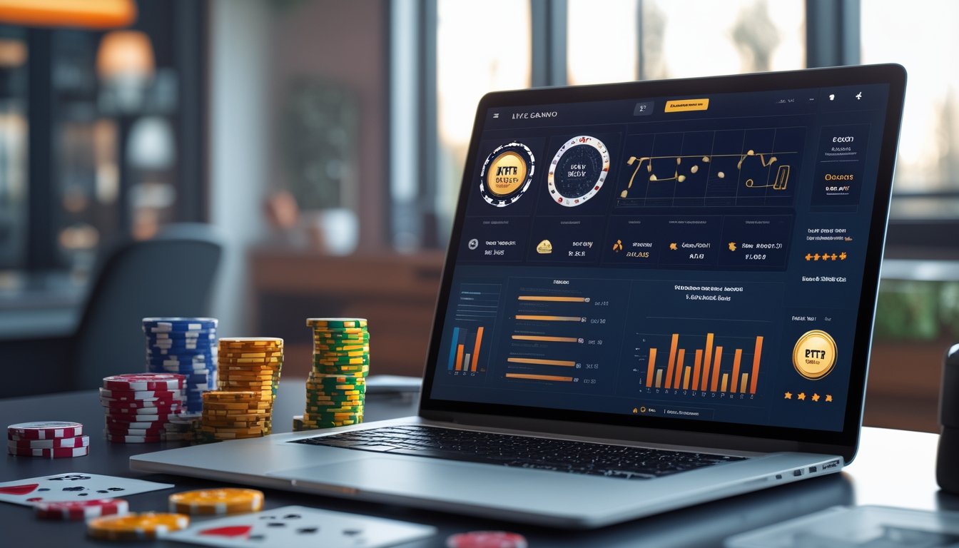 Meja kerja dengan laptop yang menampilkan beberapa situs kasino online dan grafik perbandingan, dikelilingi oleh chip poker dan kartu remi.