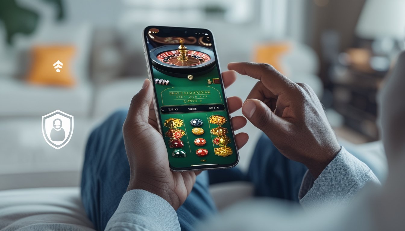 Seseorang menggunakan ponsel untuk bermain permainan live casino online di lingkungan rumah yang nyaman.
