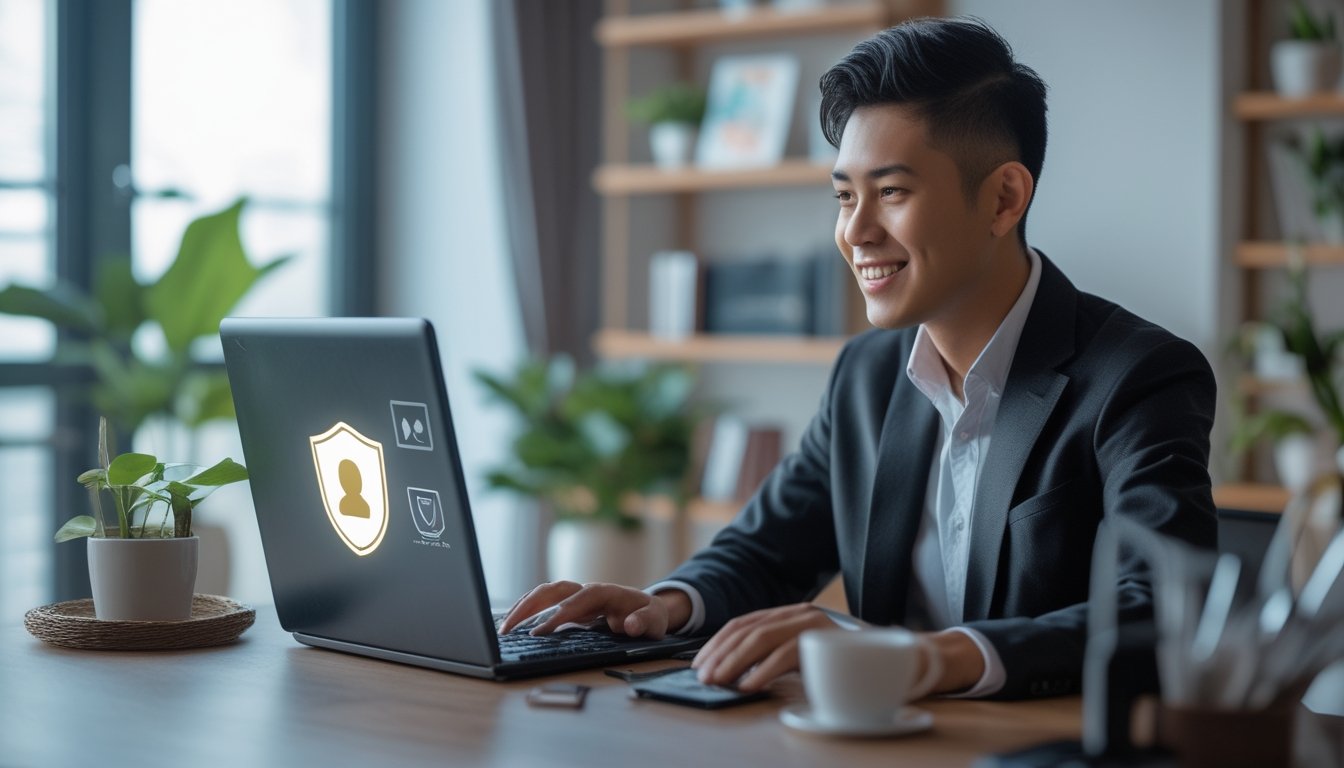Seorang pria muda Indonesia duduk di meja dengan laptop, bermain game kasino online dengan ekspresi percaya diri dan fokus.