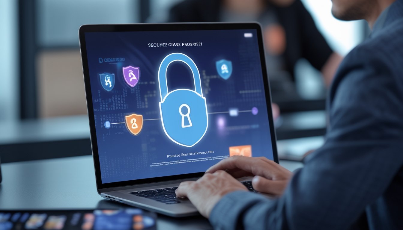 Seseorang menggunakan laptop dengan layar login aman di ruang kerja modern yang tenang, menunjukkan keamanan data saat bermain di situs kasino online.