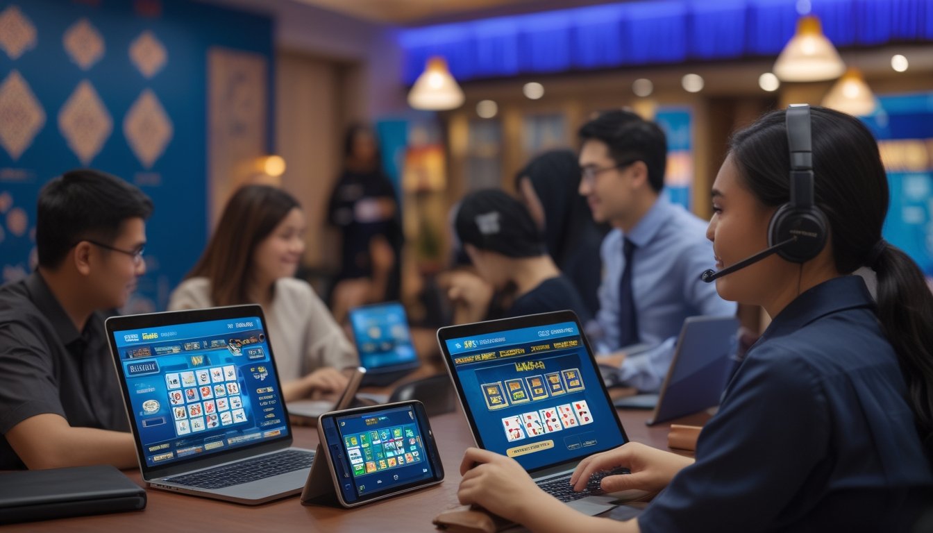 Beberapa orang menggunakan perangkat digital untuk bermain kasino langsung online, dengan seorang petugas layanan pelanggan yang ramah membantu mereka.