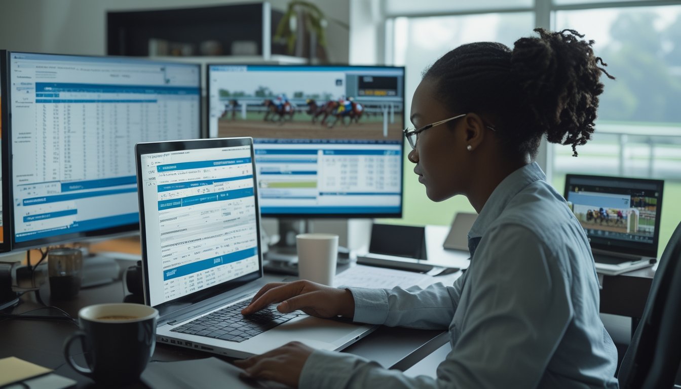 Seseorang sedang menganalisis informasi balap kuda di depan laptop dengan beberapa layar yang menampilkan data dan grafik balap kuda di sebuah kantor modern.