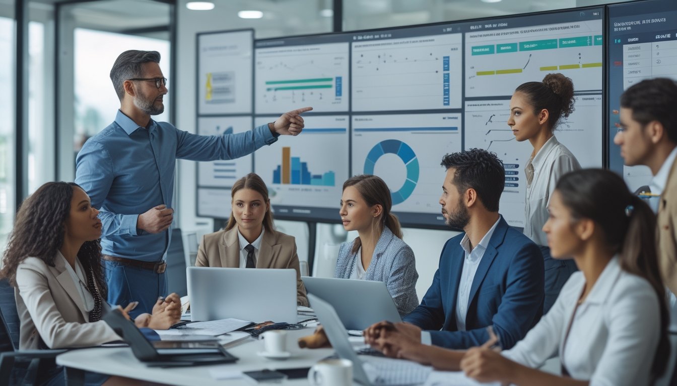 Sekelompok orang sedang menganalisis data balap kuda di ruang kantor dengan layar digital dan grafik.