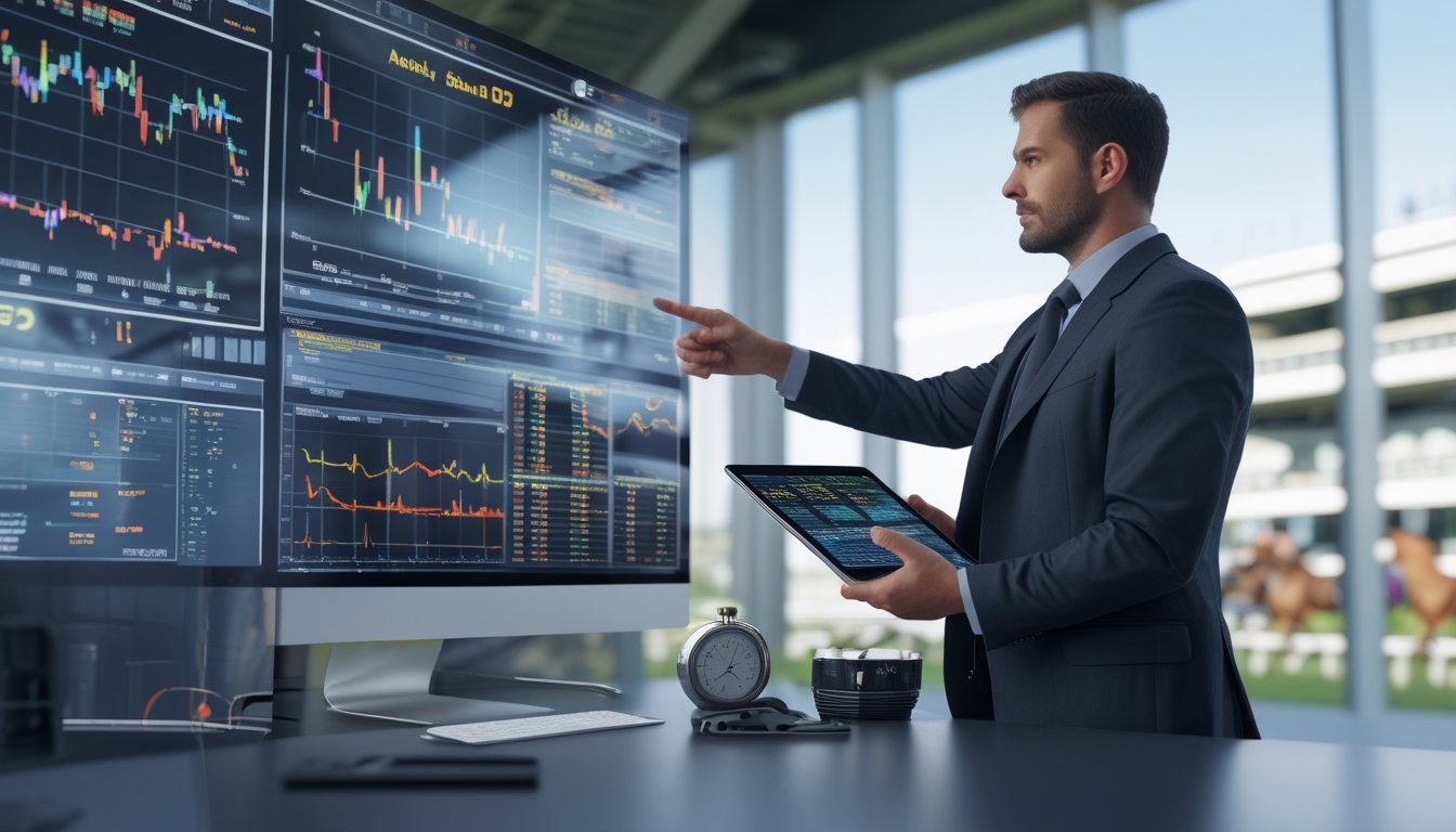 Seorang analis sedang melihat grafik dan data statistik balap kuda di depan komputer dengan latar belakang lintasan balap dan kuda yang sedang berlari.
