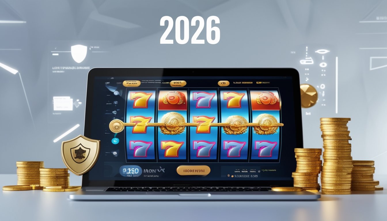 Seseorang menggunakan komputer dengan permainan slot online di layar, dikelilingi oleh simbol keamanan dan tumpukan koin.