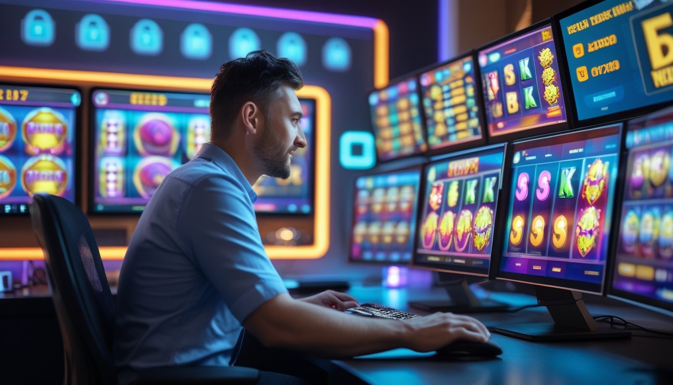 Seorang pemain dewasa sedang bermain permainan slot online di komputer dengan tampilan layar penuh warna di ruang kerja yang modern dan terang.