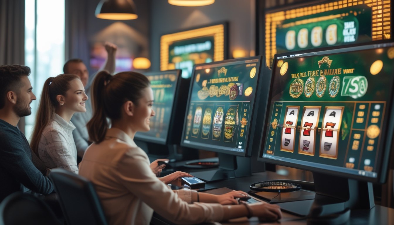 Beberapa orang bermain mesin slot online di ruangan modern dengan layar komputer dan ponsel, menunjukkan suasana semangat dan fokus.