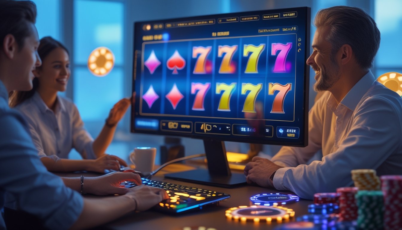 Orang-orang bermain permainan slot online di sebuah ruangan dengan komputer dan perangkat modern.