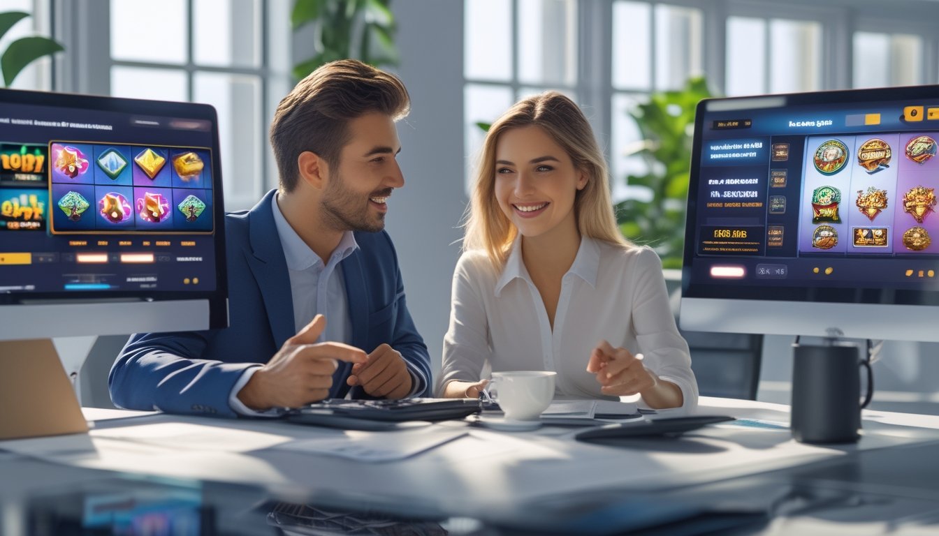 Seorang pria dan wanita duduk di meja dengan beberapa layar komputer yang menampilkan permainan slot online, mereka terlihat fokus dan senang sambil menggunakan perangkat digital.