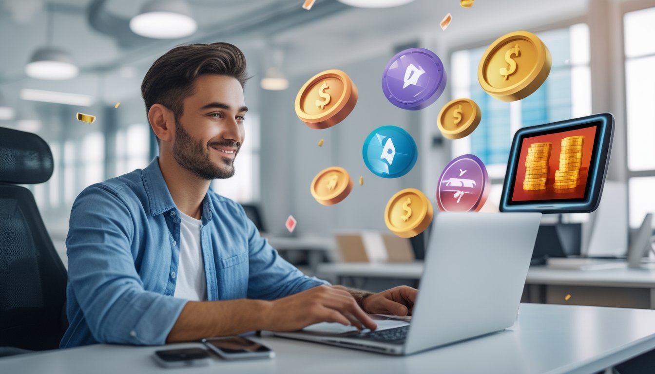 Seorang pria muda duduk di meja dengan laptop, dikelilingi simbol permainan slot online, menunjukkan suasana kerja yang cerah dan profesional.