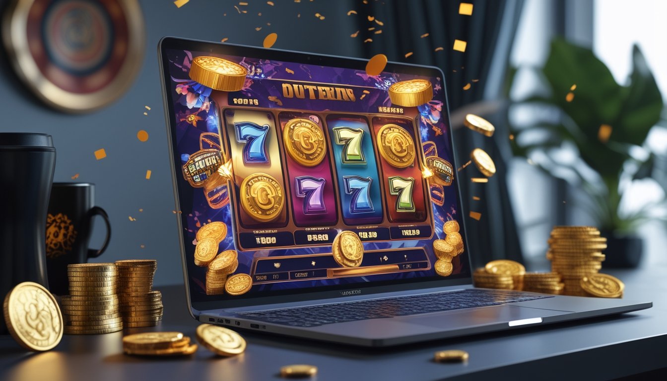 Seseorang menggunakan komputer dengan tampilan permainan slot online berwarna-warni dan koin bersinar di sekitarnya.